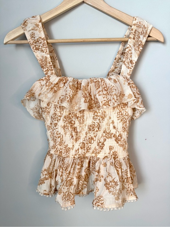 Trixxi Tops - Trixxi Cream Floral Smocked Ruffle Tank Top - Brown Print